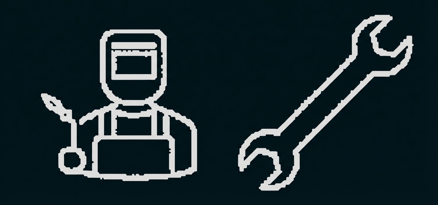 Symbolische Darstellung: Schweißer mit Schweißbrenner links und Schraubenschlüssel rechts